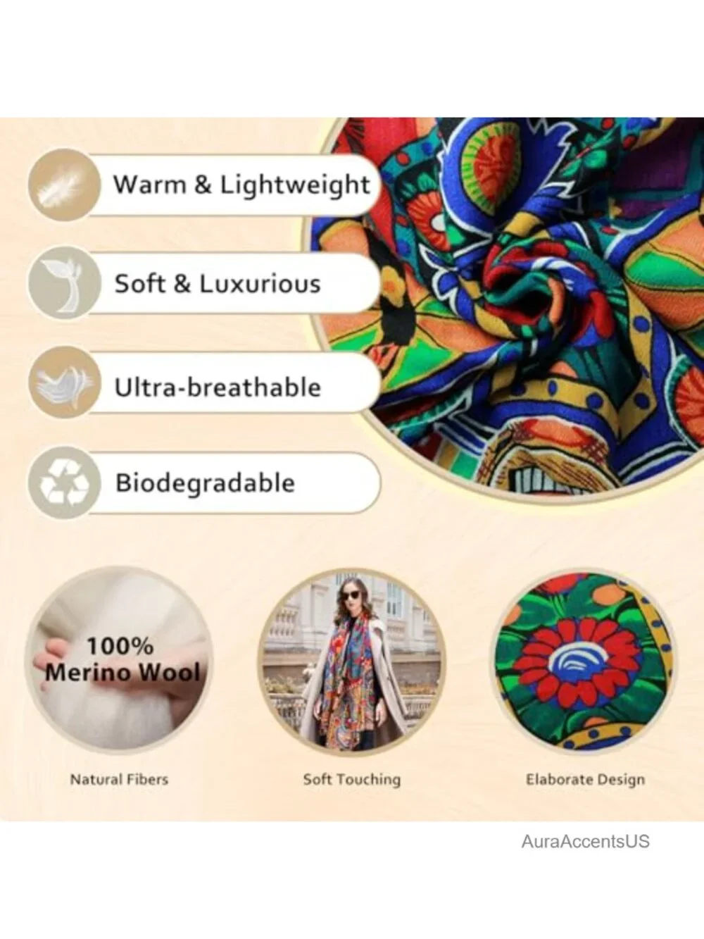 Merino Wool Oversized Pashmina Shawl Wrap Blanket Women 96x43
